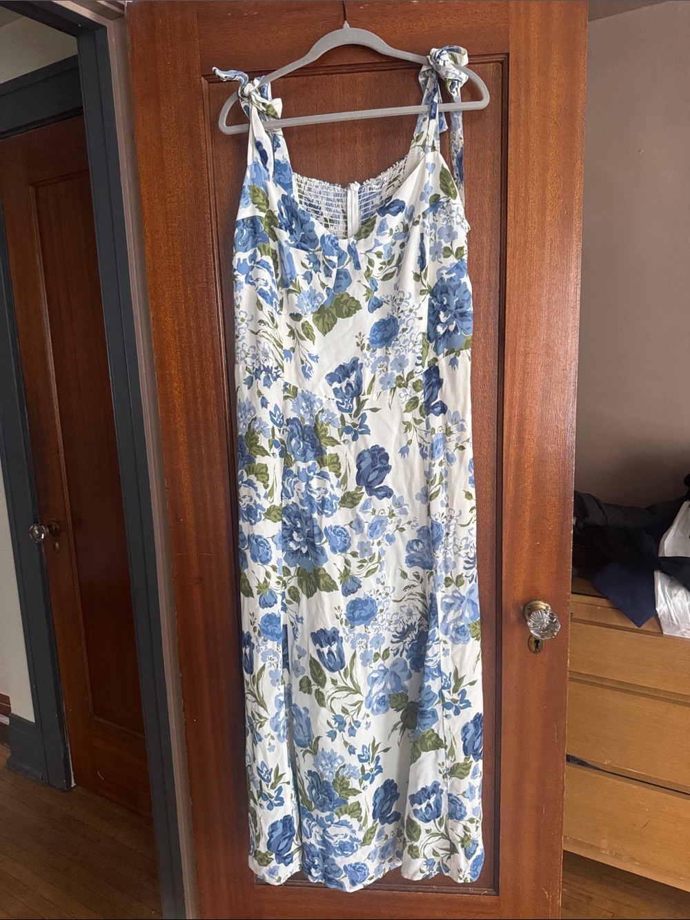 Reformation Blue and White Floral Tie-Shoulder Maxi Dress